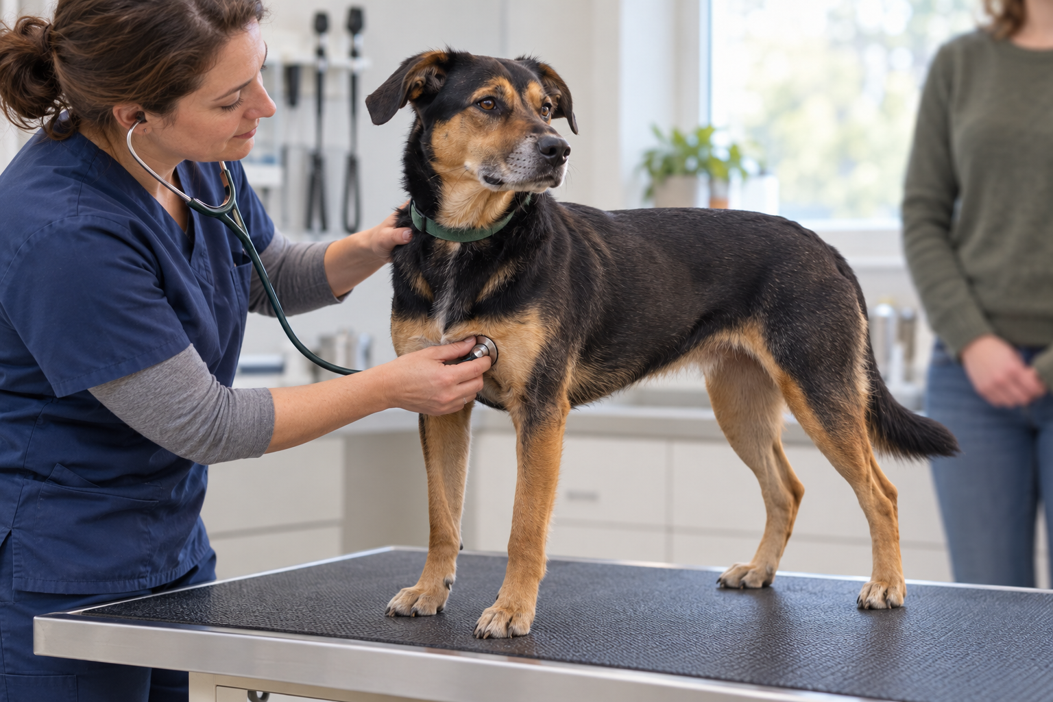 Veterinár počúva srdce a pľúca stojaceho psa